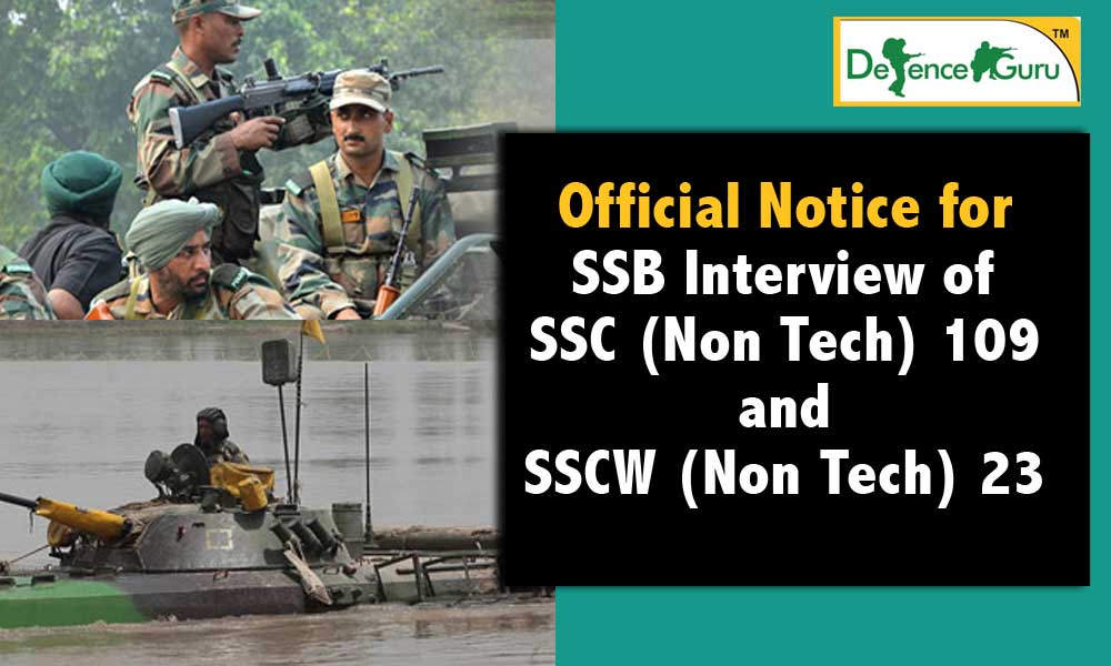 Notice for SSB Interview of SSC 109 and 23 Non Tech courses